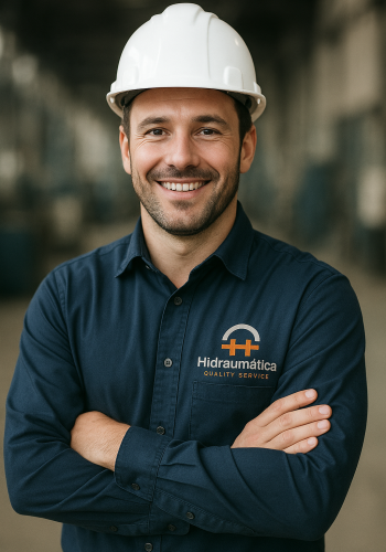 Trabalhador com braços cruzados, usando uniforme técnico, representando confiança e profissionalismo em serviços de hidraumatica.