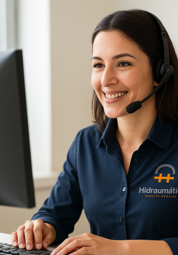 Colaboradora atendendo chamadas telefônicas no computador, representando o atendimento profissional da Hidraumatica.